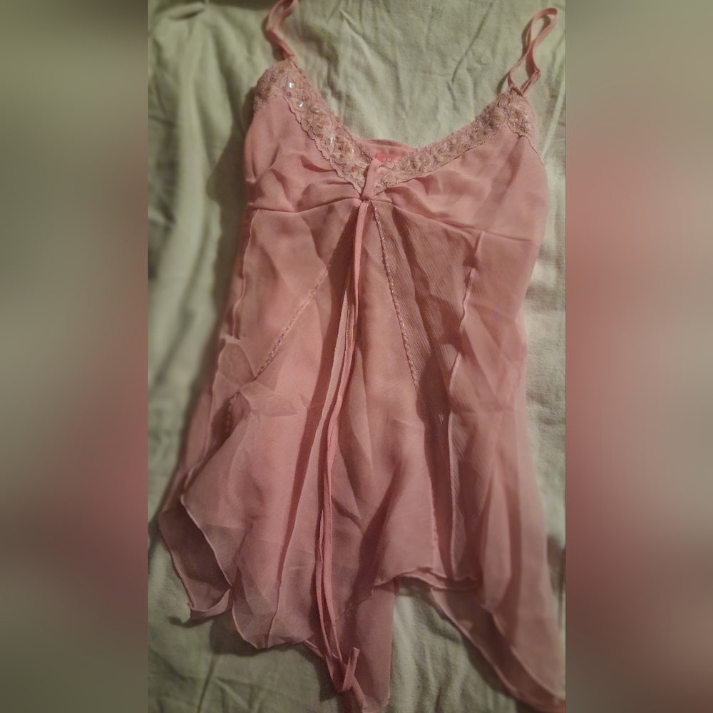 Vintage Y2K Pink Sheer Babydoll Top Sequin Lace Trim Handkerchief Hem